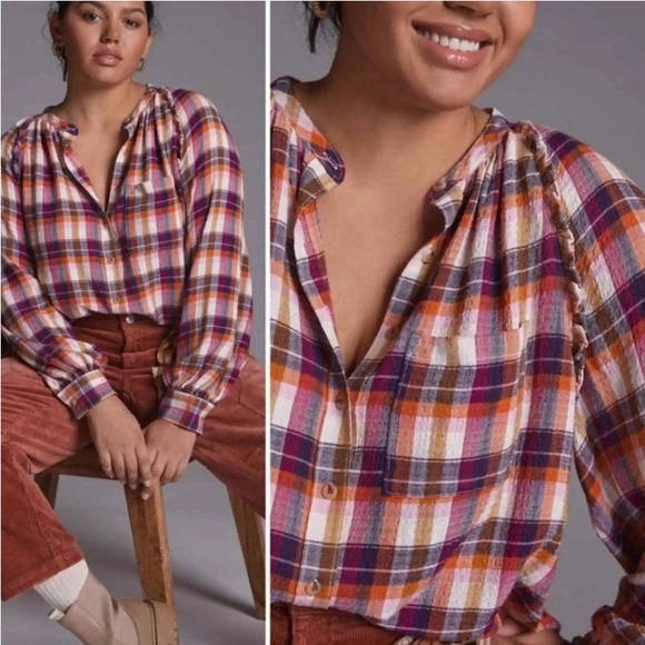 Anthro Pilcro Gauzy Knit Ruffle Button Down Peasant Blouse Shirt - Picture 2 of 11